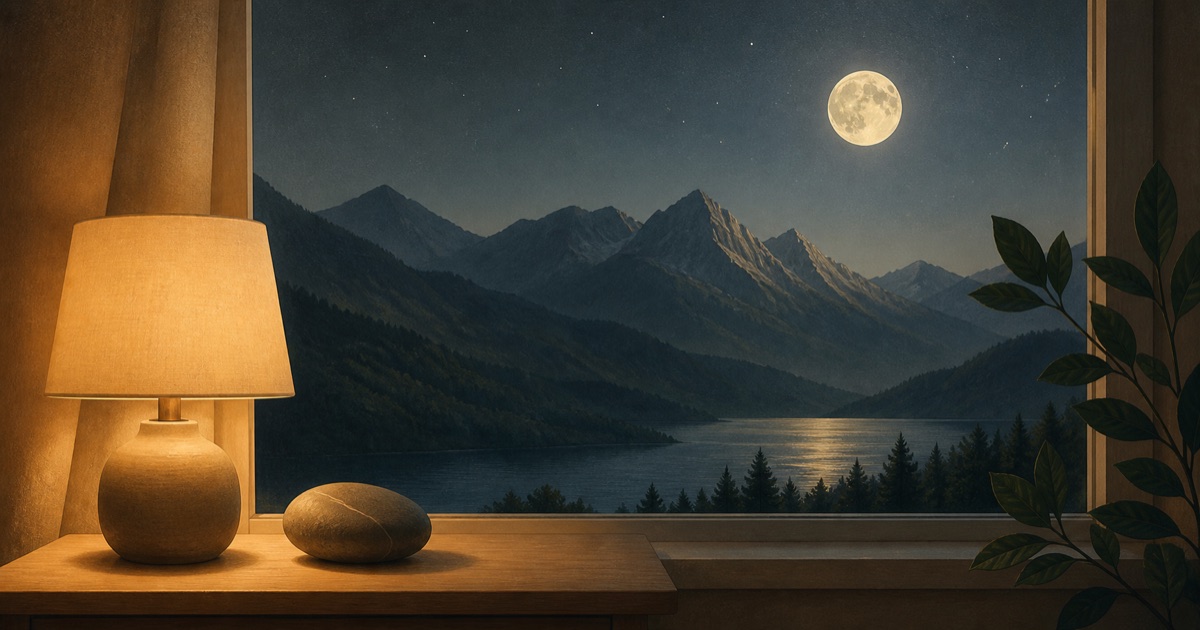 A softly lit lamp beside a calm moonlit mountain view