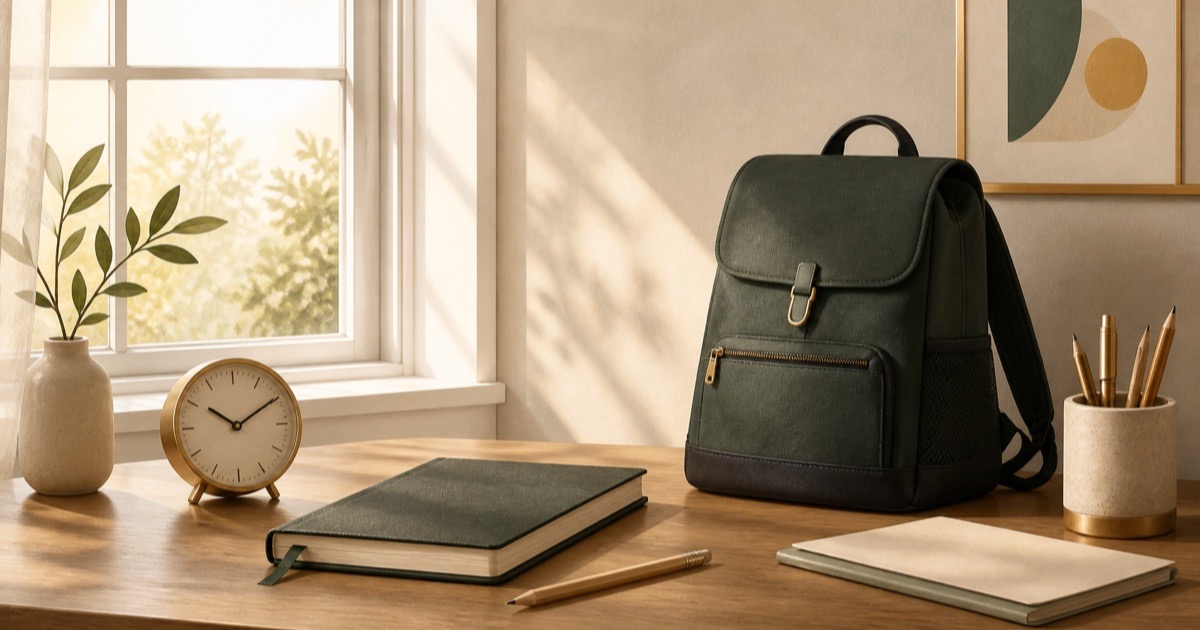 A calm school setup with a backpack, notebook, pencil, and clock beside a bright window