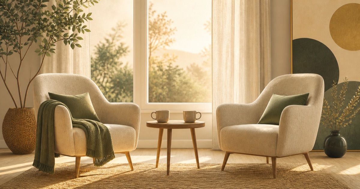 Two comfortable chairs angled toward each other in a warm, quiet room